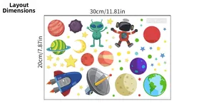 Detailed view of space alien glow stickers layout including planets and astronauts