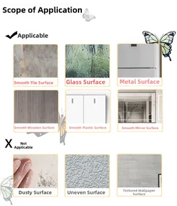 Surface application guide showing butterfly wall decals on glass, wood, and tile surfaces