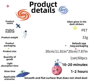Detail specifications of 60pcs glowing PET space stickers with astronauts and planets