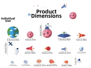 Detailed size guide for 15 space stickers including astronaut, earth, and rocket icons