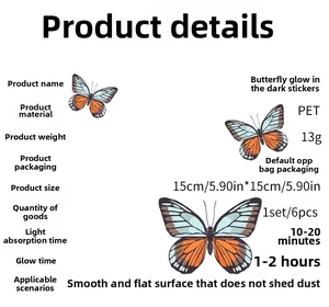 Detailed specs for PET butterfly luminous wall stickers including size 15x15cm and 6 pieces