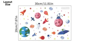 Layout dimensions of glow in the dark space stickers with rocket and planets 30x20cm