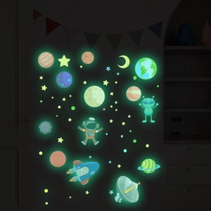 Luminous space wall stickers showing neon glowing planets and astronauts in the dark
