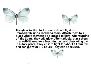 Glow-in-the-dark butterfly stickers absorbing light for 1-2 hour nighttime illumination