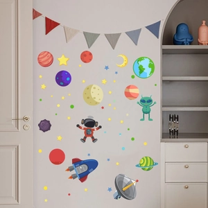 Detailed wall sticker layout featuring colorful astronauts, rockets, and glowing planets