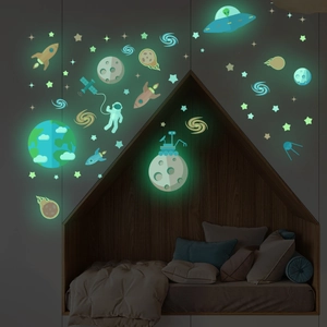 Luminous space wall stickers with glowing planets and astronauts for kids room decoration
