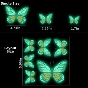 Detailed size chart for glow-in-the-dark butterfly wall stickers with measurements