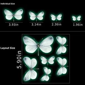 Size chart for glow-in-the-dark butterfly wall stickers showing 4 single unit dimensions