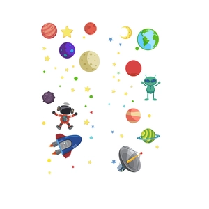 Luminous outer space alien wall stickers with astronauts and colorful glowing planets