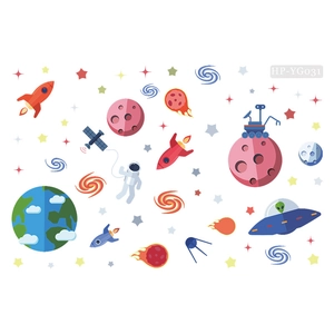 Luminous star and planet wall stickers featuring astronauts rockets and celestial patterns