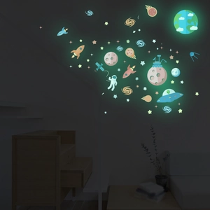 Luminous space wall stickers showing glowing astronauts and planets in dark room