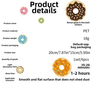 Detailed specifications of PET donut luminous wall stickers with product dimensions and glow time