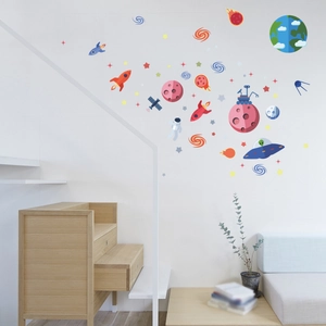Detailed view of cartoon space wall stickers featuring rockets and planets for kids' rooms