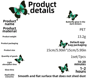 Dettagli sulle dimensioni e materiale PET per il set di 7 adesivi farfalla luminosi