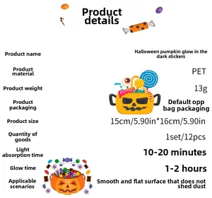Detalles de pegatinas de calabaza Halloween fluorescentes en PET con tamaño 15x16cm y 12 uds