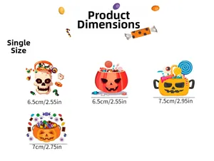 Tabla detallada de tallas de pegatinas de Halloween con dimensiones en cm y en pulgadas