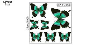 Dettaglio del layout degli adesivi a farfalla fluorescenti con motivi sfumati verde e nero