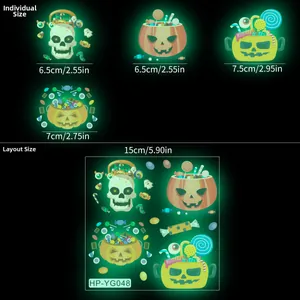 Tabla de tallas detallada para pegatinas de Halloween con dimensiones y diseño del producto
