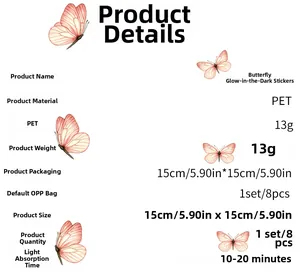 Détails des dimensions et du matériau PET pour autocollant mural papillon phosphorescent