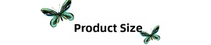 Graphic header for product size specifications with green decorative butterflies