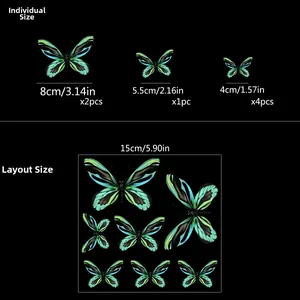 Size chart showing luminous butterfly wall stickers in various dimensions and quantities