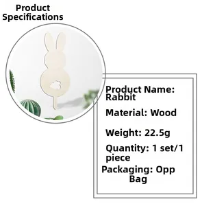 Detail view of wooden rabbit garden stake with product dimensions and specs in a natural setting
