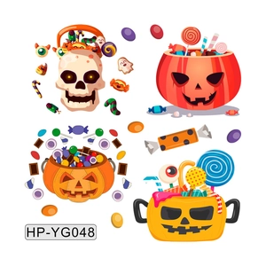 Luminous Halloween stickers for kids featuring cartoon skulls and pumpkin candy buckets