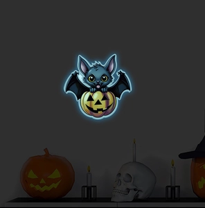 Luminous Halloween wall sticker featuring a cartoon bat with pumpkin in a dark setting