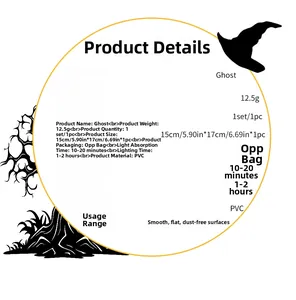 Detailed specifications of luminous PVC Halloween ghost wall sticker with dimensions and weights