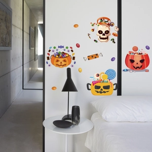 Detailed Halloween wall stickers featuring pumpkin, skulls and candies for home decoration