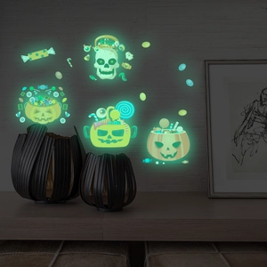 Luminous Halloween wall stickers set with glowing pumpkins and skulls in dark room