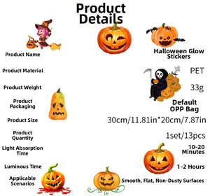 Detail specifications of 13pcs Halloween glow stickers featuring PET material and 30x20cm size