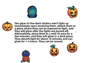 Luminous Halloween pumpkin stickers showing glow-in-the-dark features and application steps