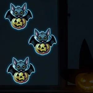 Luminous Halloween wall stickers featuring bat and pumpkin glowing in dark room
