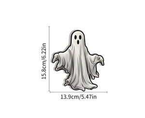 Ghost Halloween sticker with dimensions of 15.8cm height and 13.9cm width