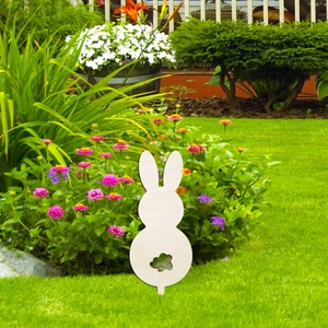 Cute bunny garden stake silhouette made of natural wood for outdoor flower pot decor