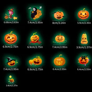 Detailed size chart for 13 luminous Halloween wall decals with cm and inch measurements