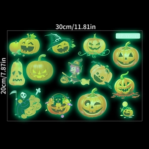 Luminous Halloween wall stickers set with pumpkins and witches in glowing green PVC finish