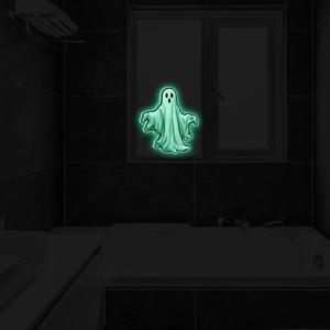 Luminous ghost wall sticker glowing in a dark bathroom for Halloween decor