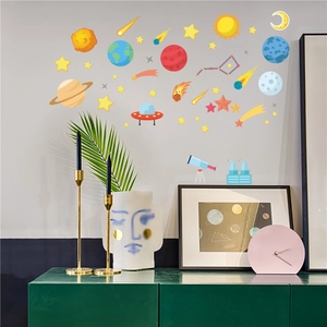 Detailed space theme wall decals with colorful planets and stars for kids' room