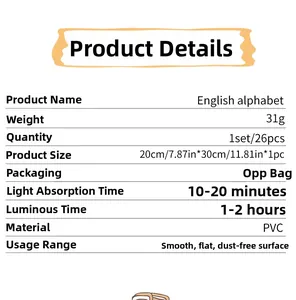 Lot de 26 autocollants alphabet lumineux en PVC avec détails du produit et dimensions