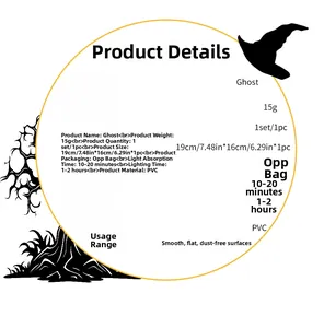 Detailed specs of glow in the dark Halloween ghost PVC wall stickers with size and material