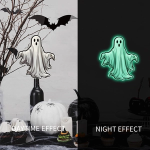 Glow-in-the-dark Halloween ghost stickers showing daytime and night effect contrast