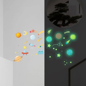 Luminous space wall stickers with stars and planets showing day and night glowing effect