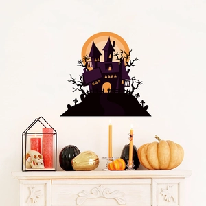 Halloween wall sticker featuring haunted castle and full moon for window home decor
