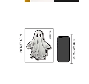 Size comparison of white cartoon Halloween ghost sticker showing 19cm height next to a phone