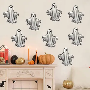 Detailed view of eight cartoon ghost wall stickers set for Halloween room decoration