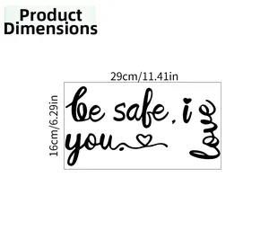 Detail showing 'be safe, i love you' wall sticker dimensions and artistic heart design