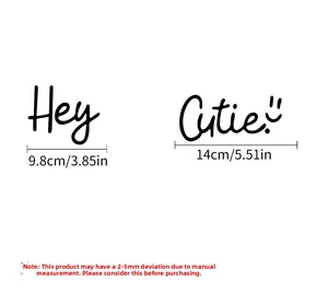 Detailed dimension drawing of Hey Cutie wall decals showing exact widths of 9.8cm and 14cm