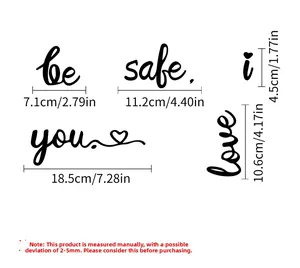 Detailed size specifications for black script alphabet wall stickers with heart design
